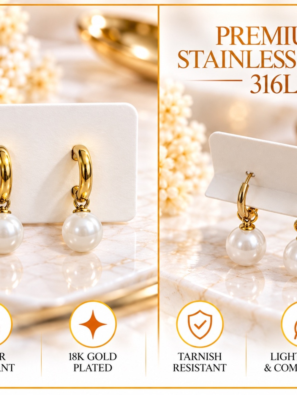 Gold Pearl Hoop Drop Earrings - 18K Gold Plated